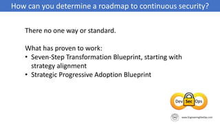 How can you determine a roadmap to continuous security?
There no one way or standard.
What has proven to work:
• Seven-Step Transformation Blueprint, starting with
strategy alignment
• Strategic Progressive Adoption Blueprint
 