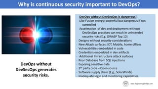 Why is continuous security important to DevOps?
DevOps without
DevSecOps generates
security risks.
DevOps without DevSecOps is dangerous!
Like Fusion energy: powerful but dangerous if not
controlled
Acceleration of dev and deployment without
DevSecOps practices can result in unintended
security risks (E.g. OWASP Top 10)
- Designs without security considerations
- New Attack surfaces: IOT, Mobile, home offices
- Vulnerabilities embedded in code
- Credentials embedded in dev artifacts
- Additional Infrastructure attack surfaces
- Poor Database from SQL injections
- Exposing sensitive data
- 3rd party code – Open source
- Software supply chain (E.g., SolarWinds)
- Inadequate login and monitoring capabilities.
 
