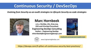 Marc Hornbeek
a.k.a. DevOps_the_Gray esq.
CEO and Principal Consultant
Engineering DevOps Consulting
Author – Engineering DevOps
mhornbeek@engineeringdevops.com
Continuous Security / DevSecOps
Evolving from Security-as-an-audit strategies to Lifecycle Security-as-code strategies
mybook.to/engineeringdevops
https://devops.com/9-pillars-of-continuous-security-best-practices/
 