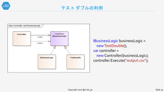 テスト ダブルの利用
Copyright 2017 @nuits_jp Slide 19
IBusinessLogic businessLogic =
newTestDouble();
var controller =
new Controller(businessLogic);
controller.Execute("output.csv");
 