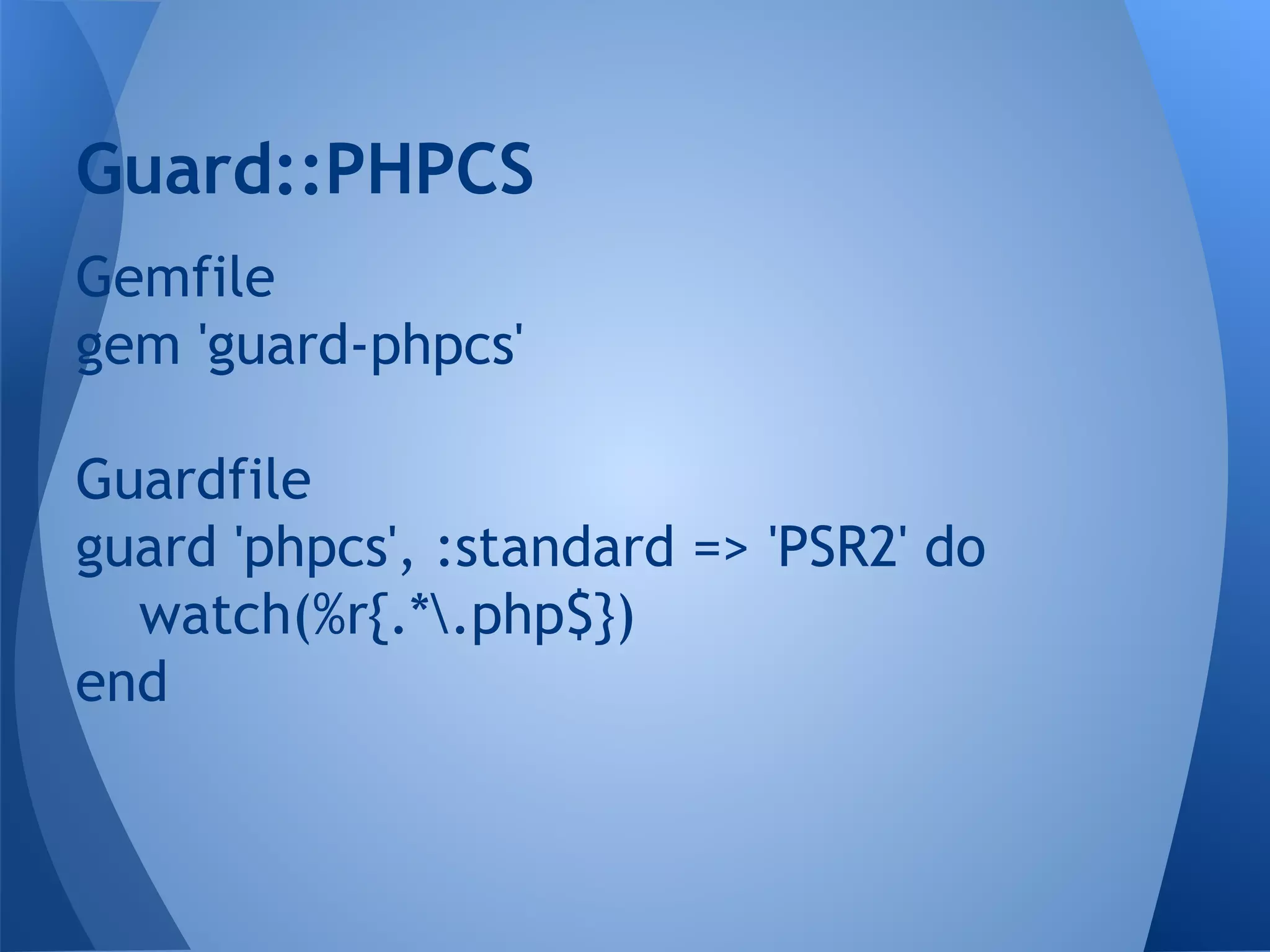 Guard::PHPCS
Gemfile
gem 'guard-phpcs'
Guardfile
guard 'phpcs', :standard => 'PSR2' do
watch(%r{.*.php$})
end

 
