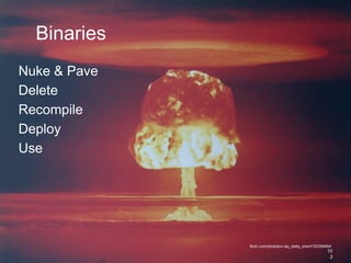 Binaries
Nuke & Pave
Delete
Recompile
Deploy
Use
10
3
flickr.com/photos/x-ray_delta_one/4152356464
 