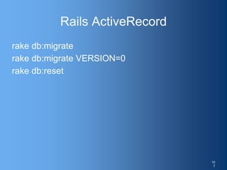 Rails ActiveRecord
rake db:migrate
rake db:migrate VERSION=0
rake db:reset
10
7
 
