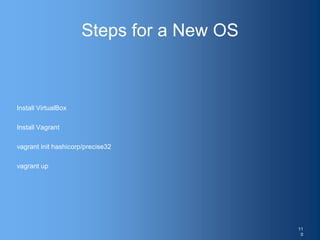 Steps for a New OS
Install VirtualBox
Install Vagrant
vagrant init hashicorp/precise32
vagrant up
11
0
 