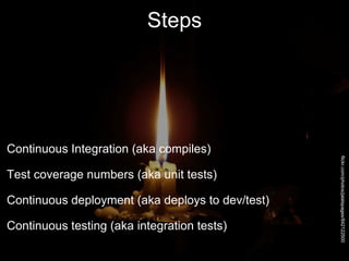 Steps
Continuous Integration (aka compiles)
Test coverage numbers (aka unit tests)
Continuous deployment (aka deploys to dev/test)
Continuous testing (aka integration tests)
flickr.com/photos/jalalspages/842122500
 