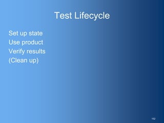 Test Lifecycle
Set up state
Use product
Verify results
(Clean up)
152
 