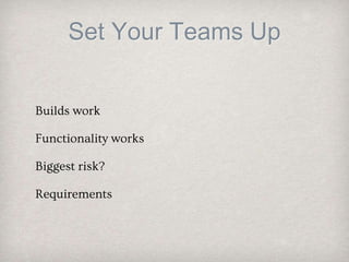 Set Your Teams Up
Builds work
Functionality works
Biggest risk?
Requirements
 