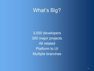 What’s Big?
3,000 developers
300 major projects
All related
Platform to UI
Multiple branches
71
 