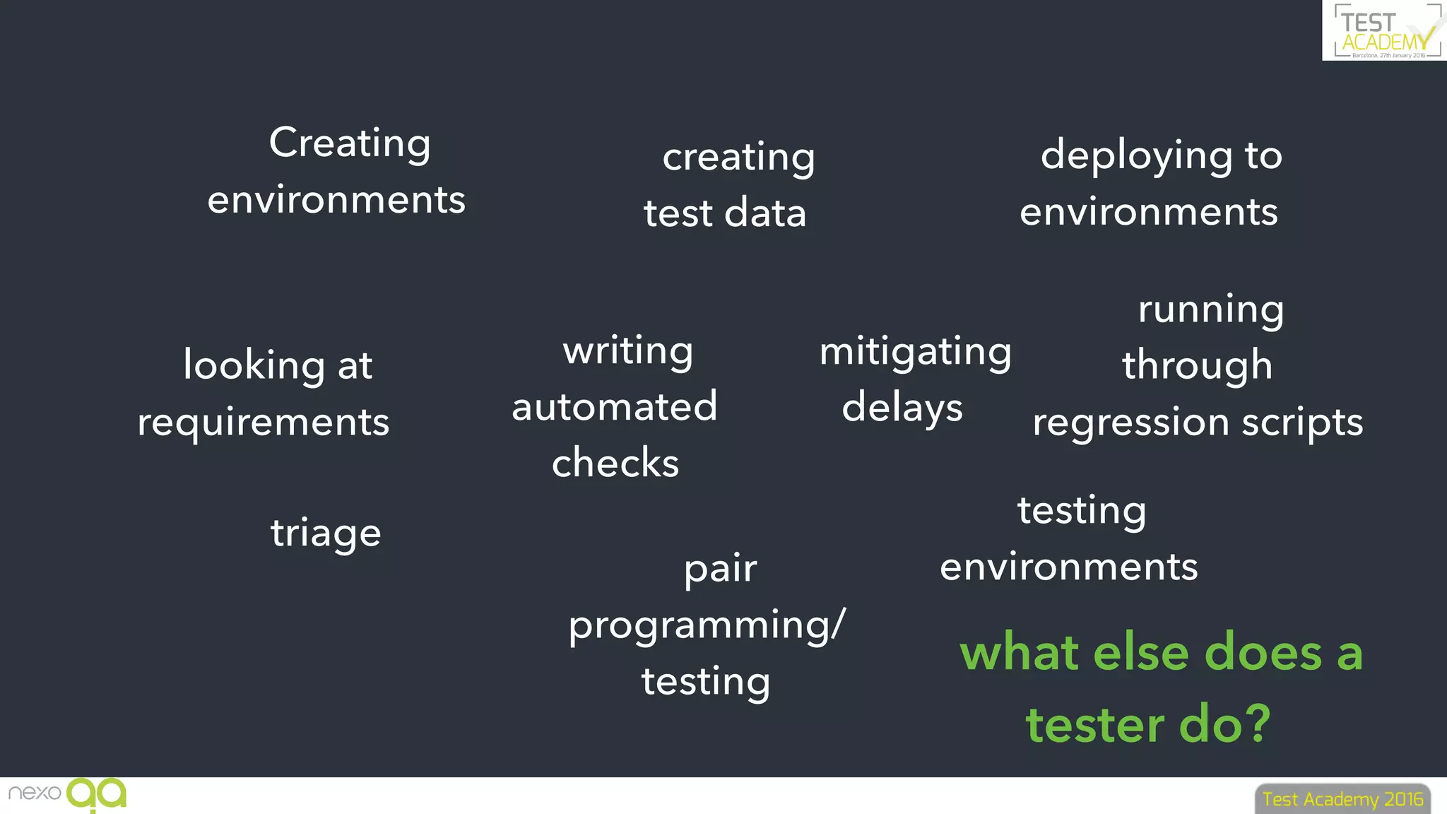Creating
environments
deploying to
environments
testing
environments
looking at
requirements
pair
programming/
testing
creating
test data
writing
automated
checks
running
through
regression scripts
what else does a
tester do?
triage
mitigating
delays
 