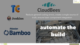 automate the
build
Reduce general coding errors, create a single source of
truth, ensure basic component integration
 