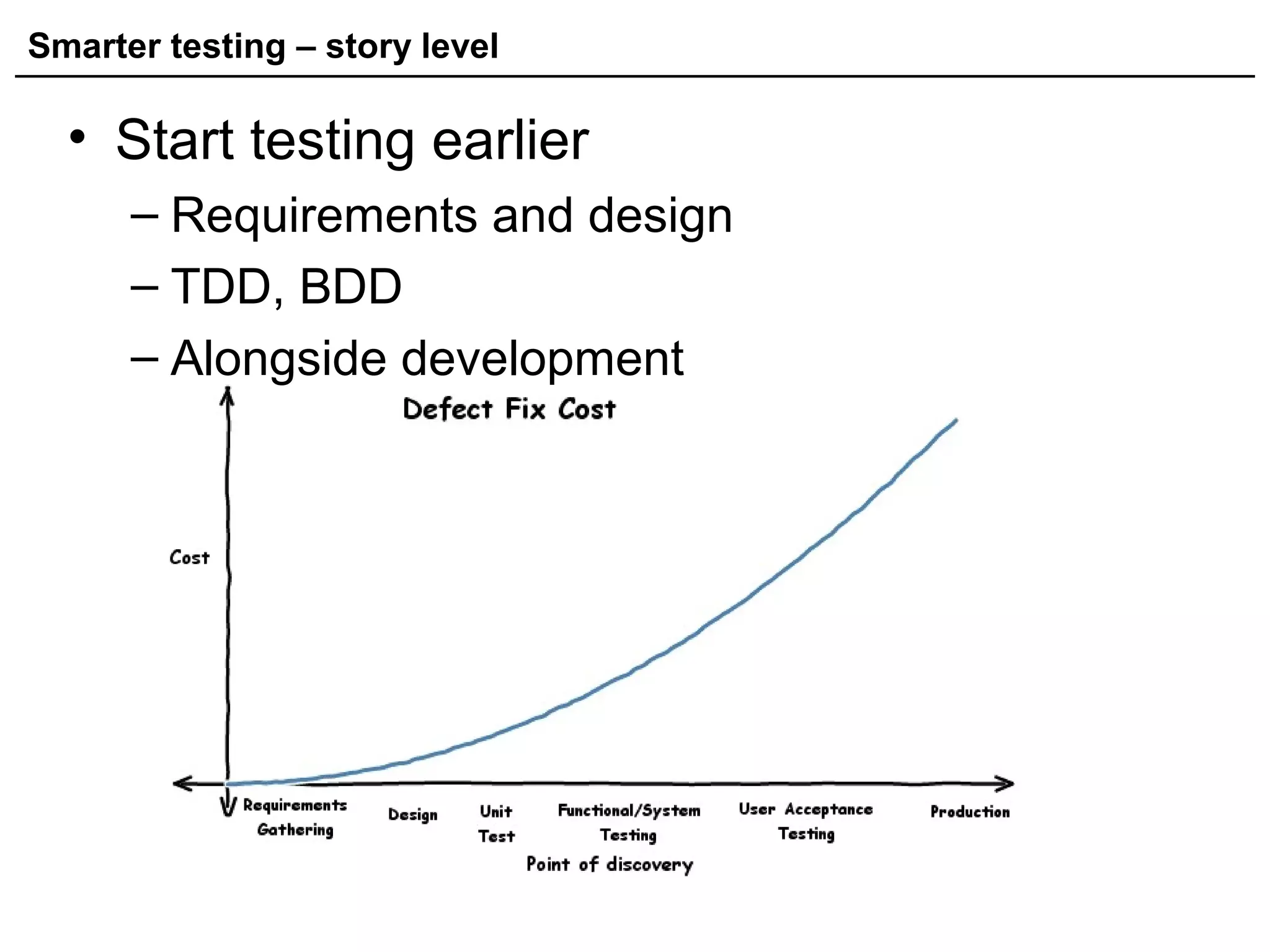 Smarter testing – story level
• Start testing earlier
– Requirements and design
– TDD, BDD
– Alongside development
 