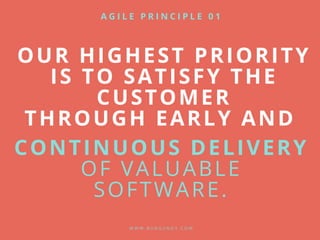 OUR HIGHEST PRIORITY
IS TO SATISFY THE
CUSTOMER
THROUGH EARLY AND
CONTINUOUS DELIVERY
OF VALUABLE
SOFTWARE.
W W W . B U R G U N D Y . C O M
A G I L E P R I N C I P L E 0 1
 
