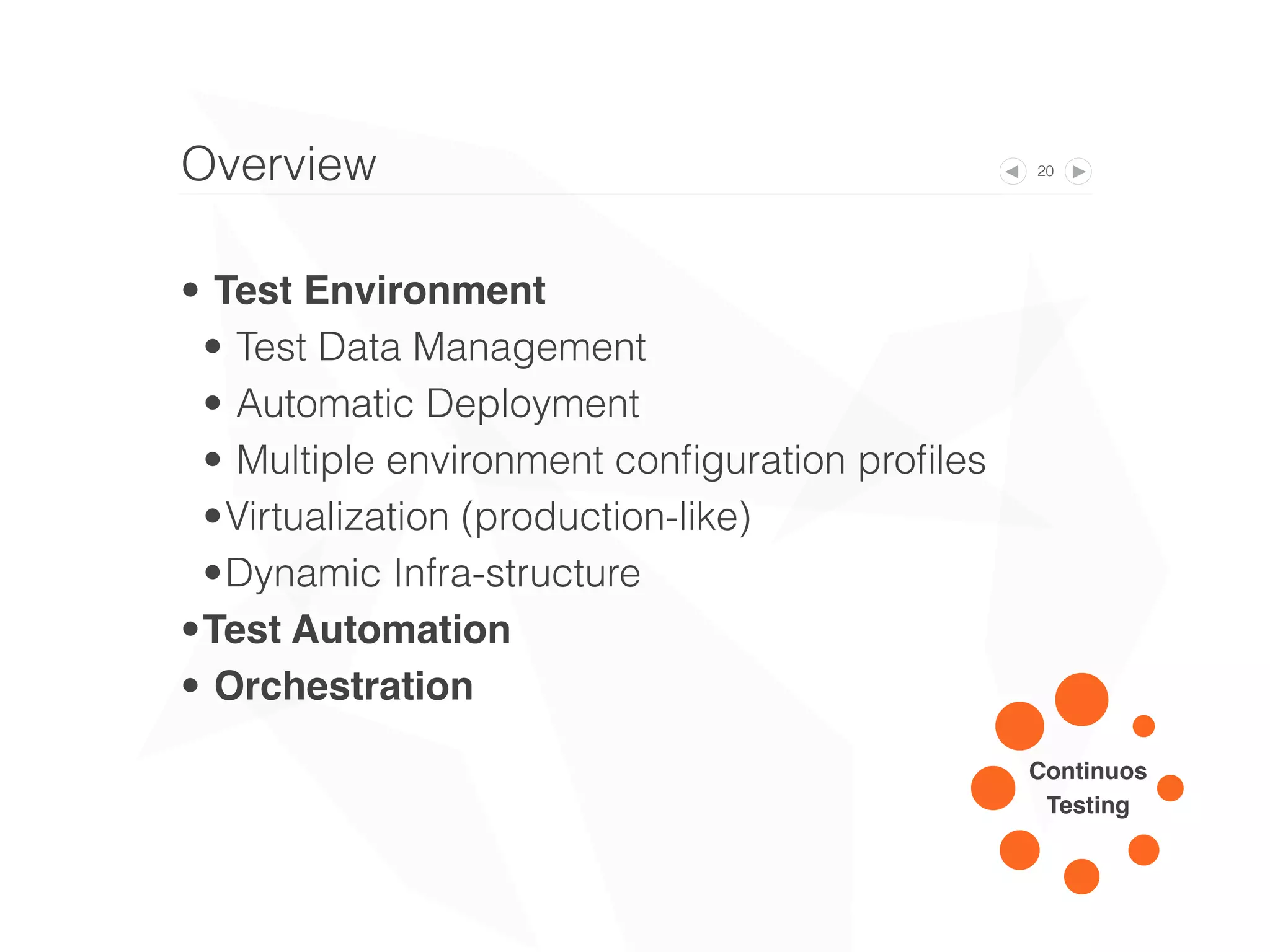 20Related Topics
• Continuous Integration (CI)
• Continuous Delivery
• Continuous Deployment
• See 3 high levels of continuous testing adoption
*Continuos
Testing
 