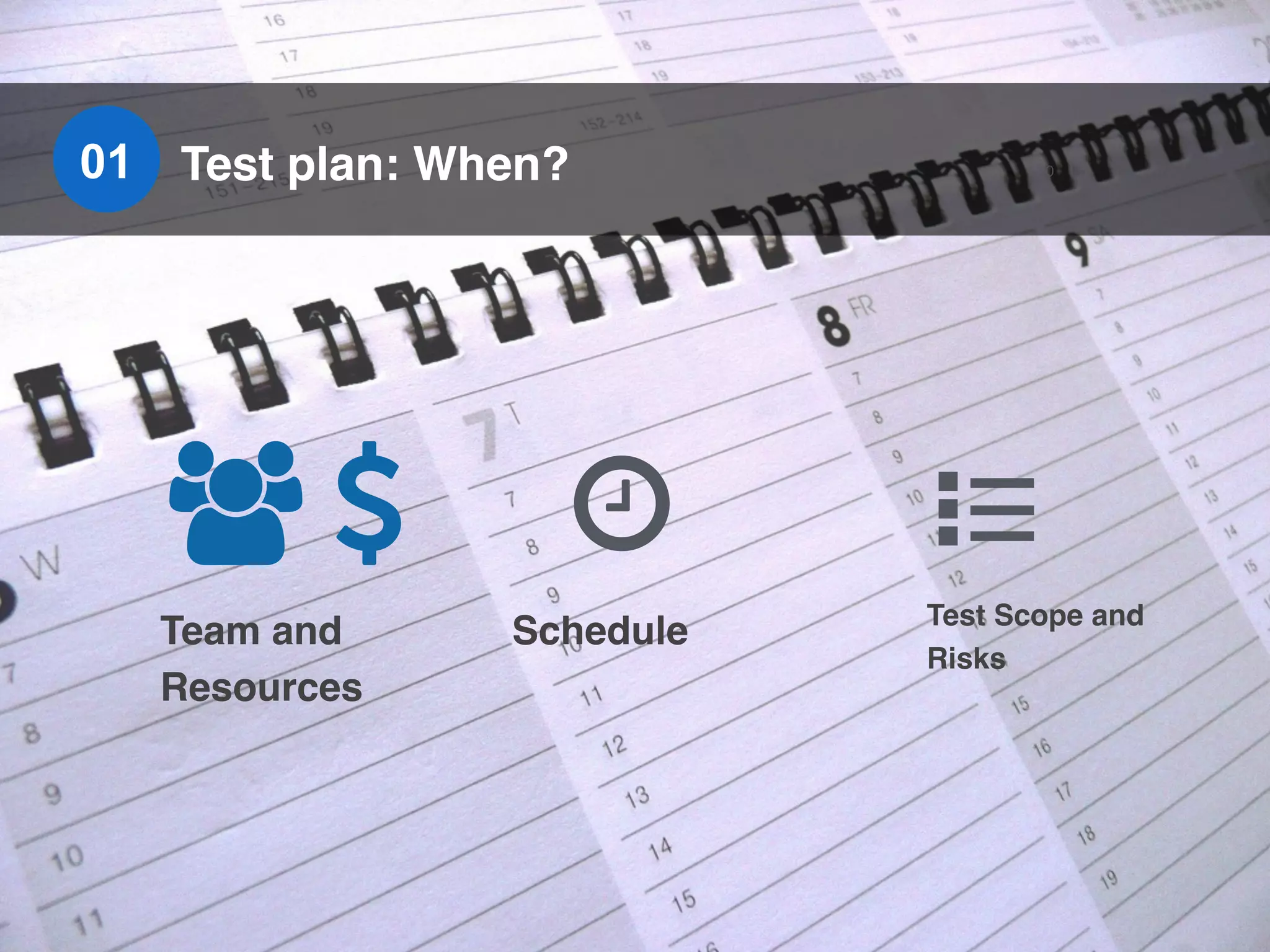 30
Schedule
Test plan: When?
/" 0
Team and
Resources
Test Scope and
Risks
4
01
 