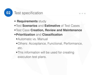 32Test speciﬁcation
• Requirements study
•Test Scenarios and Estimative of Test Cases
•Test Case Creation, Review and Maintenance
•Prioritization and Classiﬁcation
•Automatic vs. Manual
•Others: Acceptance, Functional, Performance,
etc.
•This information will be used for creating
execution test plans.
02
 