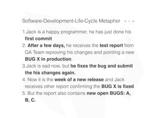 8Software-Development-Life-Cycle Metaphor
1.Jack is a happy programmer, he has just done his
ﬁrst commit
2. After a few days, he receives the test report
from QA Team reproving his changes and pointing
a new BUG X in production.
3.Jack is sad now, but he ﬁxes the bug and
submit his changes again.
4. Now it is the week of a new release and Jack
receives other report conﬁrming the BUG X is
ﬁxed
5. But the report also contains new BUGS: A, B, C.
 