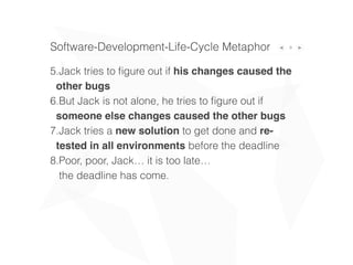 9
6.Jack tries to ﬁgure out if his changes caused the
other bugs
7.But Jack is not alone, he tries to ﬁgure out if
someone else changes caused the other bugs
8.Jack tries a new solution to get done and re-
tested in all environments before the deadline
9.Poor, poor, Jack… it is too late…
the deadline has come.
Software-Development-Life-Cycle Metaphor
 