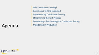 Agenda
| Why Continuous Testing?
| Continuous Testing Explained
| Implementing Continuous Testing
| Streamlining the Test Process
| Developing a Test Strategy for Continuous Testing
| Monitoring in Production
 