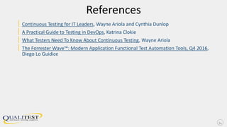 References
| Continuous Testing for IT Leaders, Wayne Ariola and Cynthia Dunlop
| A Practical Guide to Testing in DevOps, Katrina Clokie
| What Testers Need To Know About Continuous Testing, Wayne Ariola
| The Forrester Wave™: Modern Application Functional Test Automation Tools, Q4 2016,
Diego Lo Guidice
34
 
