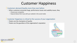 Customer Happiness
| Customers demand Quality more than ever before
| When customers encounter bugs, performance issues and usability issues, they
• Choose your competitor
• Expound about their issue with your website in the social media
| Customer Happiness is critical to the success of your organization
| Testers are the champions of quality
| Testers are the guardians of the organization’s reputation
7
 