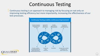 Continuous Testing
| Continuous testing is an approach to managing risk by focusing on not only on
improving testing efficiency but more importantly, increasing the effectiveness of our
test processes.
9
 
