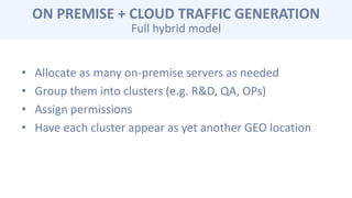 ON PREMISE + CLOUD TRAFFIC GENERATION
Full hybrid model
• Allocate as many on-premise servers as needed
• Group them into clusters (e.g. R&D, QA, OPs)
• Assign permissions
• Have each cluster appear as yet another GEO location
 