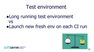 ●Long running test environment
vs
●Launch new fresh env on each CI run
Test environment
23
 
