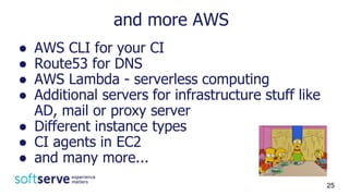 ● AWS CLI for your CI
● Route53 for DNS
● AWS Lambda - serverless computing
● Additional servers for infrastructure stuff like
AD, mail or proxy server
● Different instance types
● CI agents in EC2
● and many more...
and more AWS
25
 