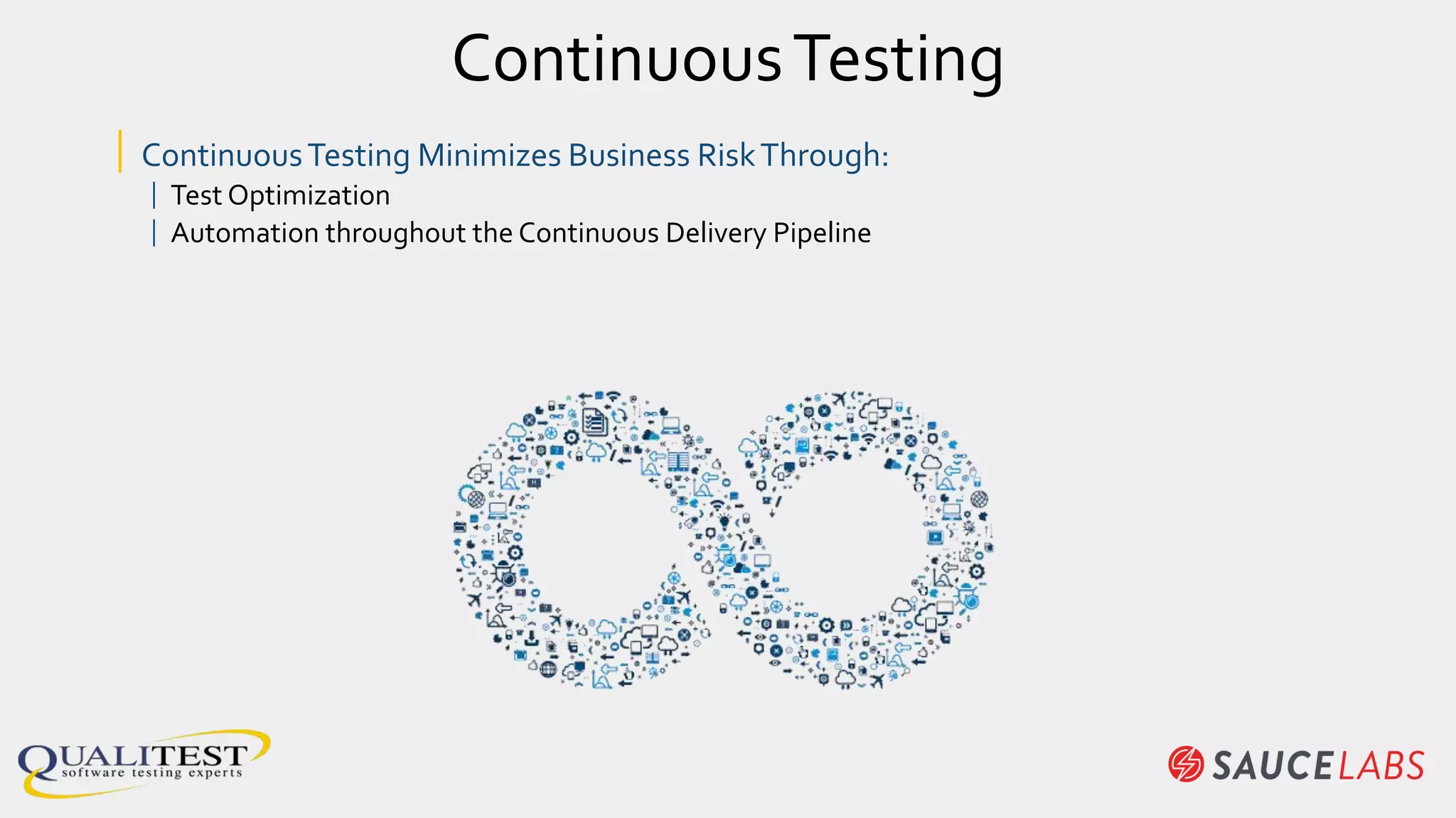 ContinuousTesting
| ContinuousTesting Minimizes Business RiskThrough:
| Test Optimization
| Automation throughout the Continuous Delivery Pipeline
 