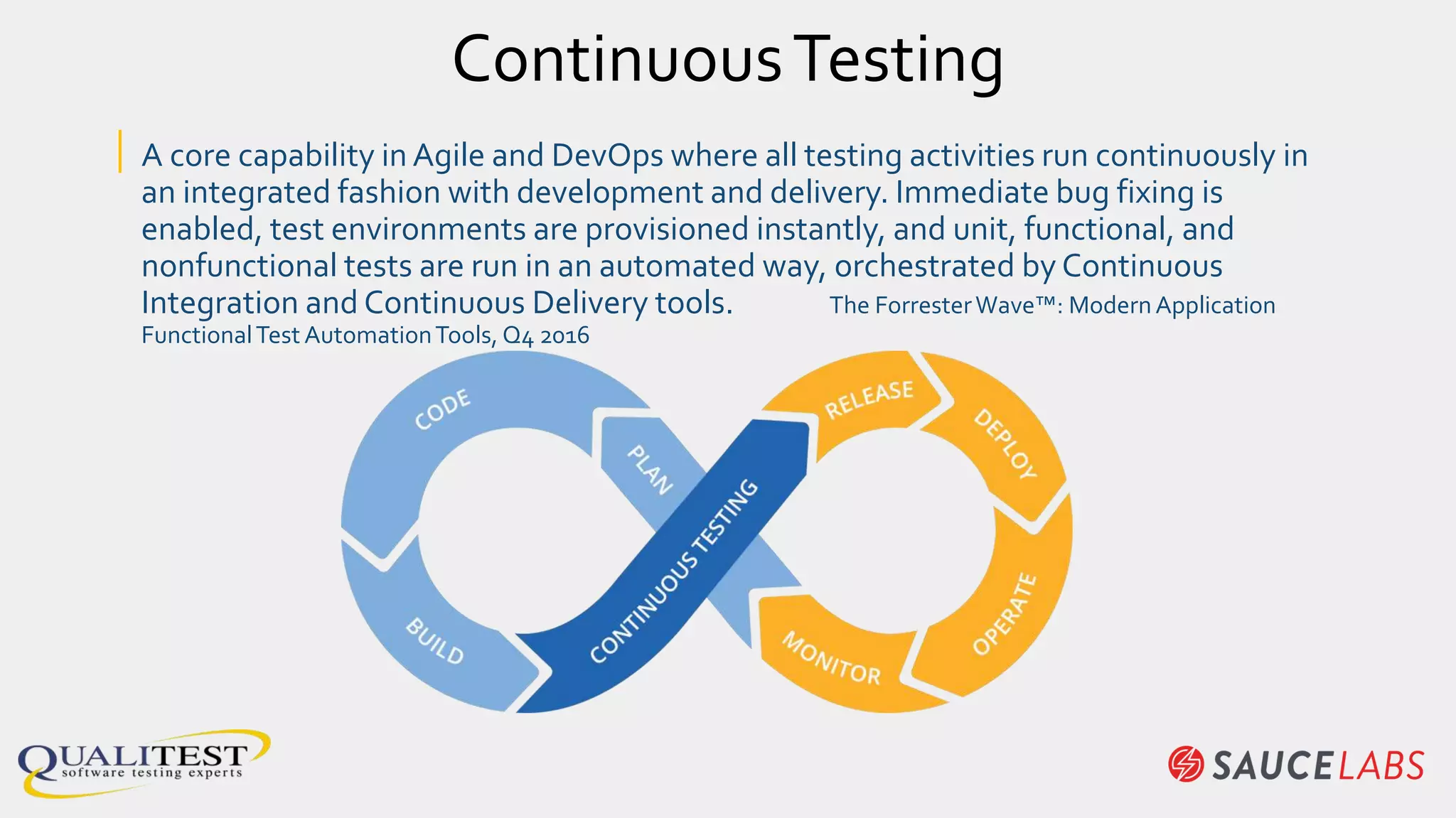 ContinuousTesting
| A core capability in Agile and DevOps where all testing activities run continuously in
an integrated fashion with development and delivery. Immediate bug fixing is
enabled, test environments are provisioned instantly, and unit, functional, and
nonfunctional tests are run in an automated way, orchestrated by Continuous
Integration and Continuous Delivery tools. The ForresterWave™: ModernApplication
FunctionalTest AutomationTools, Q4 2016
 
