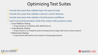 OptimizingTest Suites
| Include test cases that validate high risk areas of code
| Include test cases that validate customer-centric features
| Include test cases that validate critical business workflows
| Use FunctionalAutomation tools that create multi-purpose scripts
| Cross-PlatformTesting
• Scripts should run on Desktop,Web, Mobile & Server
| Cross-BrowserTesting
• Scripts should run on multiple browsers including Chrome, Edge, Safari and any others required
| PerformanceTesting
• Scripts should collect performance statistics including page loads etc.
 