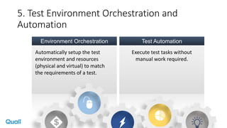 Automatically setup the test
environment and resources
(physical and virtual) to match
the requirements of a test.
Environment Orchestration
5. Test Environment Orchestration and
Automation
Execute test tasks without
manual work required.
Test Automation
 