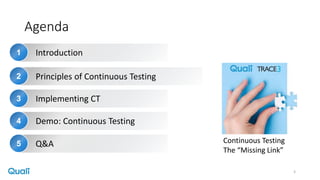 Agenda
3
1 Introduction
2 Principles of Continuous Testing
3 Implementing CT
4 Demo: Continuous Testing
5 Q&A Continuous Testing
The “Missing Link”
 