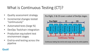 What is Continuous Testing (CT)?
• Quality assessment strategy
• Incremental changes tested
“continuously”
• Automated tests (large %)
• DevOps Toolchain integration
• Production equivalent test
environment stages
• End-to-end testing across the
pipeline
 