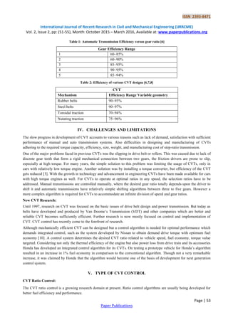 ISSN 2393-8471
International Journal of Recent Research in Civil and Mechanical Engineering (IJRRCME)
Vol. 2, Issue 2, pp: (51-55), Month: October 2015 – March 2016, Available at: www.paperpublications.org
Page | 53
Paper Publications
Table 1: Automatic Transmission Efficiency versus gear ratio [6]
Gear Efficiency Range
1 60~85%
2 60~90%
3 85~95%
4 90~95%
5 85~94%
Table 2: Efficiency of various CVT designs [6,7,8]
CVT
Mechanism Efficiency Range Variable geometry
Rubber belts 90~95%
Steel belts 90~97%
Toroidal traction 70~94%
Nutating traction 75~96%
IV. CHALLENGES AND LIMITATIONS
The slow progress in development of CVT accounts to various reasons such as lack of demand, satisfaction with sufficient
performance of manual and auto transmission systems. Also difficulties in designing and manufacturing of CVTs
adhering to the required torque capacity, efficiency, size, weight, and manufacturing cost of step-ratio transmission.
One of the major problems faced in previous CVTs was the slipping in drive belt or rollers. This was caused due to lack of
discrete gear teeth that form a rigid mechanical connection between two gears, the friction drivers are prone to slip,
especially at high torque. For many years, the simple solution to this problem was limiting the usage of CVTs, only in
cars with relatively low torque engine. Another solution was by installing a torque converter, but efficiency of the CVT
gets reduced [3]. With the growth in technology and advancement in engineering CVTs have been made available for cars
with high torque engines as well. For CVTs to operate at optimal ratios in any speed, the selection ratios have to be
addressed. Manual transmissions are controlled manually, where the desired gear ratio totally depends upon the driver to
shift it and automatic transmissions have relatively simple shifting algorithms between three to five gears. However a
more complex algorithm is required for CVTs to accommodate an infinite division of speed and gear ratios.
New CVT Research:
Until 1997, research on CVT was focused on the basic issues of drive belt design and power transmission. But today as
belts have developed and produced by Van Doome’s Transmission (VDT) and other companies which are better and
reliable CVT becomes sufficiently efficient. Further research is now mostly focused on control and implementation of
CVT. CVT control has recently come to the forefront of research.
Although mechanically efficient CVT can be designed but a control algorithm is needed for optimal performance which
demands integrated control, such as the system developed by Nissan to obtain demand drive torque with optimum fuel
economy [10]. A control system determines the desired CVT ratio related to vehicle speed, fuel economy, torque value
targeted. Considering not only the thermal efficiency of the engine but also power loss from drive train and its accessories
Honda has developed an integrated control algorithm for its CVTs. On testing a prototype vehicle for Honda’s algorithm
resulted in an increase in 1% fuel economy in comparison to the conventional algorithm. Though not a very remarkable
increase, it was claimed by Honda that the algorithm would become one of the basis of development for next generation
control system.
V. TYPE OF CVT CONTROL
CVT Ratio Control:
The CVT ratio control is a growing research domain at present. Ratio control algorithms are usually being developed for
better fuel efficiency and performance.
 