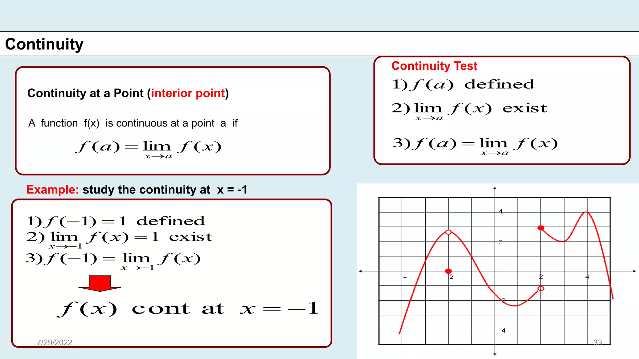 defined
1
)
1
(
)
1 

f
exist
1
)
(
lim
)
2
1



x
f
x
)
(
lim
)
1
(
)
3
1
x
f
f
x 



exist
)
(
lim
)
2 x
f
a
x
1
at
cont
)
( 

x
x
f
Continuity
Continuity at a Point (interior point)
A function f(x) is continuous at a point a if
)
(
lim
)
(
)
3 x
f
a
f
a
x

defined
)
(
)
1 a
f
Continuity Test
)
(
lim
)
( x
f
a
f
a
x

Example: study the continuity at x = -1
7/29/2022 33
 