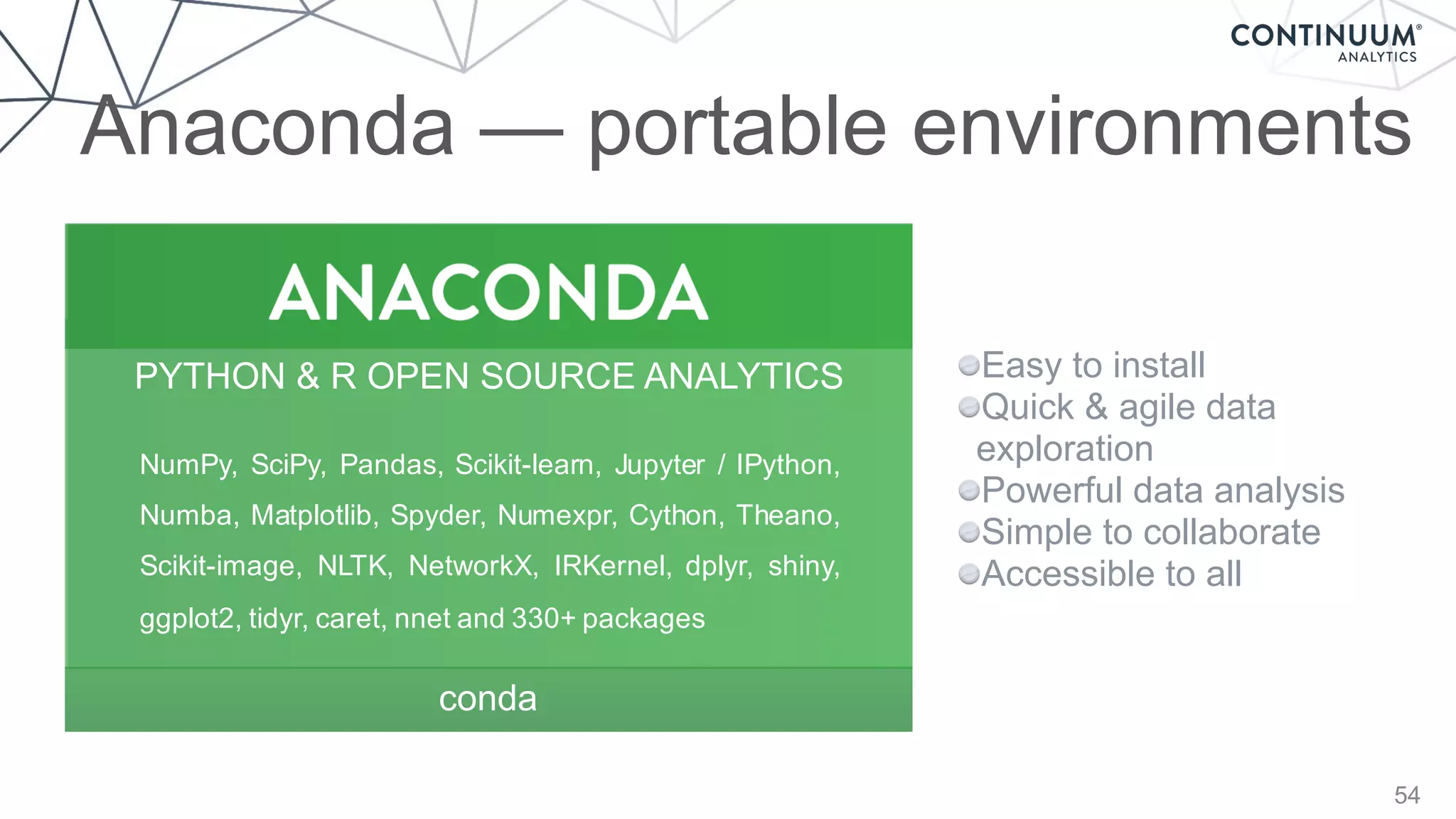 Anaconda — portable environments
54
PYTHON'&'R'OPEN'SOURCE'ANALYTICS
NumPy, SciPy, Pandas, Scikit=learn, Jupyter / IPython,
Numba, Matplotlib, Spyder, Numexpr, Cython, Theano,
Scikit=image, NLTK, NetworkX, IRKernel, dplyr, shiny,
ggplot2, tidyr, caret, nnet and 330+ packages
conda
Easy to install
Quick & agile data
exploration
Powerful data analysis
Simple to collaborate
Accessible to all
 