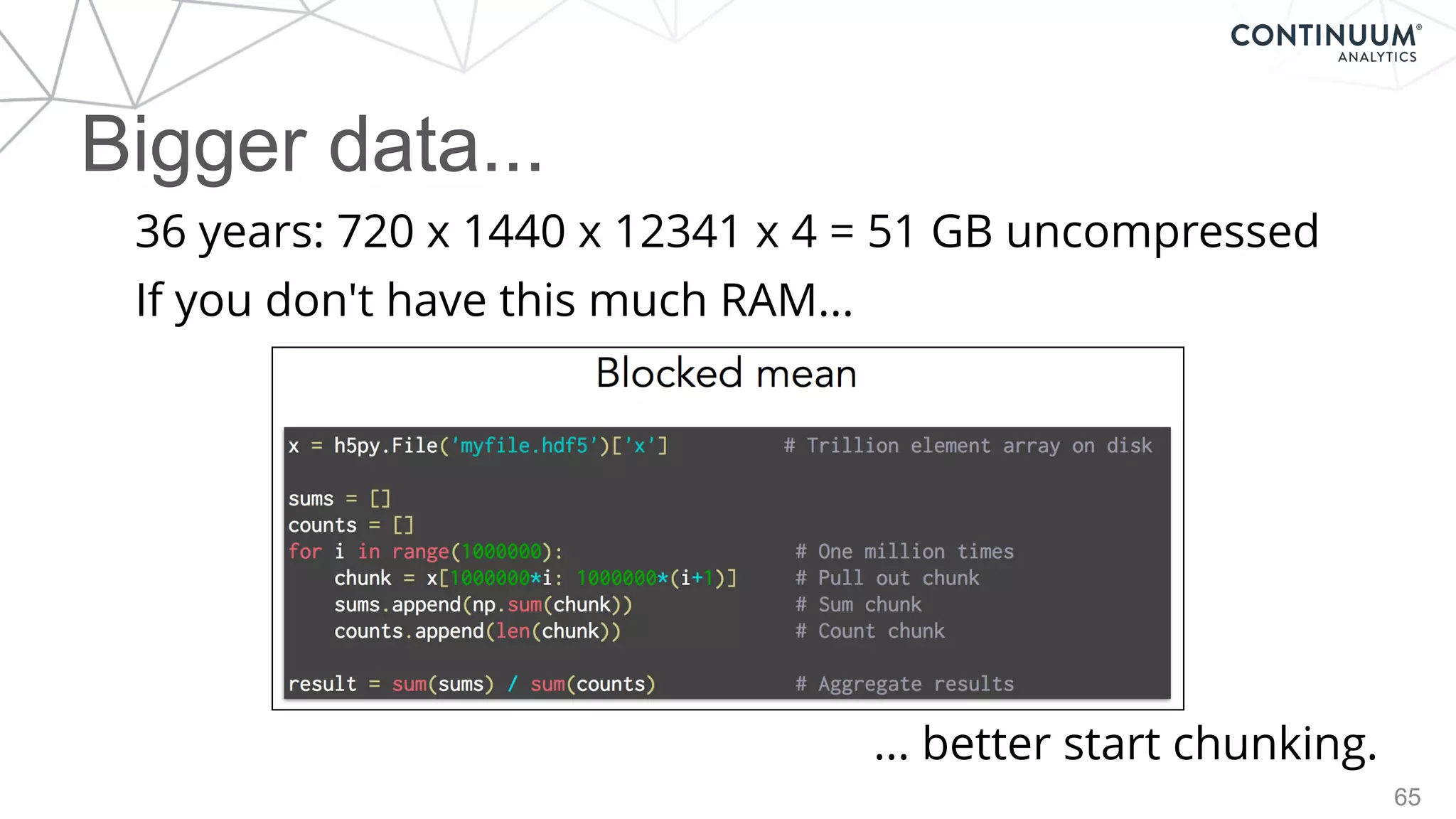 Bigger data...
65
36 years: 720 x 1440 x 12341 x 4 = 51 GB uncompressed
If you don't have this much RAM...
... better start chunking.
 