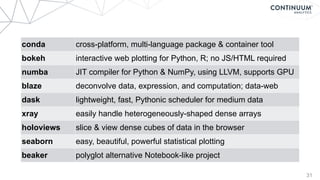 31
conda cross-platform, multi-language package & container tool
bokeh interactive web plotting for Python, R; no JS/HTML required
numba JIT compiler for Python & NumPy, using LLVM, supports GPU
blaze deconvolve data, expression, and computation; data-web
dask lightweight, fast, Pythonic scheduler for medium data
xray easily handle heterogeneously-shaped dense arrays
holoviews slice & view dense cubes of data in the browser
seaborn easy, beautiful, powerful statistical plotting
beaker polyglot alternative Notebook-like project
 