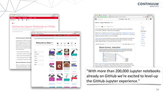 34
"With	
  more	
  than	
  200,000	
  Jupyter	
  notebooks	
  
already	
  on	
  GitHub	
  we're	
  excited	
  to	
  level-­‐up	
  
the	
  GitHub-­‐Jupyter	
  experience."
 