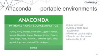 Anaconda — portable environments
54
PYTHON'&'R'OPEN'SOURCE'ANALYTICS
NumPy, SciPy, Pandas, Scikit=learn, Jupyter / IPython,
Numba, Matplotlib, Spyder, Numexpr, Cython, Theano,
Scikit=image, NLTK, NetworkX, IRKernel, dplyr, shiny,
ggplot2, tidyr, caret, nnet and 330+ packages
conda
Easy to install
Quick & agile data
exploration
Powerful data analysis
Simple to collaborate
Accessible to all
 