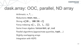 dask.array: OOC, parallel, ND array
69
Arithmetic: +, *, ...
Reductions: mean, max, ...
Slicing: x[10:, 100:50:-2]
Fancy indexing: x[:, [3, 1, 2]]
Some linear algebra: tensordot, qr, svd
Parallel algorithms (approximate quantiles, topk, ...)
Slightly overlapping arrays
Integration with HDF5
 