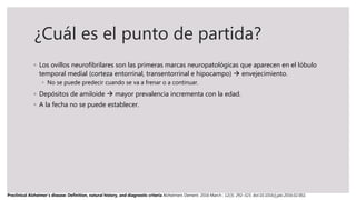 ¿Cuál es el punto de partida?
◦ Los ovillos neurofibrilares son las primeras marcas neuropatológicas que aparecen en el lóbulo
temporal medial (corteza entorrinal, transentorrinal e hipocampo)  envejecimiento.
◦ No se puede predecir cuando se va a frenar o a continuar.
◦ Depósitos de amiloide  mayor prevalencia incrementa con la edad.
◦ A la fecha no se puede establecer.
Preclinical Alzheimer’s disease: Definition, natural history, and diagnostic criteria Alzheimers Dement. 2016 March ; 12(3): 292–323. doi:10.1016/j.jalz.2016.02.002.
 
