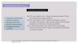 RESONANCIA MAGNÉTICA
o Volumen ventricular
o Atrofia cerebral
o Atrofia entorrinal
o Atrofia hipocampal
o Adelgazamiento
cortical
Carrillo, P; Deterioro cognitivo leve y otras demencias; Sistema de Actualización Médica en
Demencias, 2016
BIOMARCADORES EN DCL
 DCL secundario a EA: lóbulo temporal medial (75%) y
la corteza del cíngulo posterior.
 DCL secundario a DFT: atrofia confinada a lóbulos
frontales, área anterior del cíngulo, lóbulos temporales
anteriores e inferiores y lóbulos parietales.
 En DLB distribución más subcortical, la amígdala,
lóbulo temporal inferior, región dorsal del mesencéfalo
y corteza occipital.
 