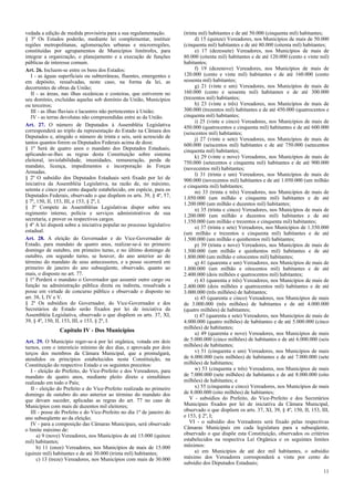 vedada a edição de medida provisória para a sua regulamentação.
§ 3º Os Estados poderão, mediante lei complementar, instituir
regiões metropolitanas, aglomerações urbanas e microrregiões,
constituídas por agrupamentos de Municípios limítrofes, para
integrar a organização, o planejamento e a execução de funções
públicas de interesse comum.
Art. 26. Incluem-se entre os bens dos Estados:
I - as águas superficiais ou subterrâneas, fluentes, emergentes e
em depósito, ressalvadas, neste caso, na forma da lei, as
decorrentes de obras da União;
II - as áreas, nas ilhas oceânicas e costeiras, que estiverem no
seu domínio, excluídas aquelas sob domínio da União, Municípios
ou terceiros;
III - as ilhas fluviais e lacustres não pertencentes à União;
IV - as terras devolutas não compreendidas entre as da União.
Art. 27. O número de Deputados à Assembléia Legislativa
corresponderá ao triplo da representação do Estado na Câmara dos
Deputados e, atingido o número de trinta e seis, será acrescido de
tantos quantos forem os Deputados Federais acima de doze.
§ 1º Será de quatro anos o mandato dos Deputados Estaduais,
aplicando-se-lhes as regras desta Constituição sobre sistema
eleitoral, inviolabilidade, imunidades, remuneração, perda de
mandato, licença, impedimentos e incorporação às Forças
Armadas.
§ 2º O subsídio dos Deputados Estaduais será fixado por lei de
iniciativa da Assembléia Legislativa, na razão de, no máximo,
setenta e cinco por cento daquele estabelecido, em espécie, para os
Deputados Federais, observado o que dispõem os arts. 39, § 4º, 57,
§ 7º, 150, II, 153, III, e 153, § 2º, I.
§ 3º Compete às Assembléias Legislativas dispor sobre seu
regimento interno, polícia e serviços administrativos de sua
secretaria, e prover os respectivos cargos.
§ 4º A lei disporá sobre a iniciativa popular no processo legislativo
estadual.
Art. 28. A eleição do Governador e do Vice-Governador de
Estado, para mandato de quatro anos, realizar-se-á no primeiro
domingo de outubro, em primeiro turno, e no último domingo de
outubro, em segundo turno, se houver, do ano anterior ao do
término do mandato de seus antecessores, e a posse ocorrerá em
primeiro de janeiro do ano subseqüente, observado, quanto ao
mais, o disposto no art. 77.
§ 1º Perderá o mandato o Governador que assumir outro cargo ou
função na administração pública direta ou indireta, ressalvada a
posse em virtude de concurso público e observado o disposto no
art. 38, I, IV e V.
§ 2º Os subsídios do Governador, do Vice-Governador e dos
Secretários de Estado serão fixados por lei de iniciativa da
Assembléia Legislativa, observado o que dispõem os arts. 37, XI,
39, § 4º, 150, II, 153, III, e 153, § 2º, I.
Capítulo IV - Dos Municípios
Art. 29. O Município reger-se-á por lei orgânica, votada em dois
turnos, com o interstício mínimo de dez dias, e aprovada por dois
terços dos membros da Câmara Municipal, que a promulgará,
atendidos os princípios estabelecidos nesta Constituição, na
Constituição do respectivo Estado e os seguintes preceitos:
I - eleição do Prefeito, do Vice-Prefeito e dos Vereadores, para
mandato de quatro anos, mediante pleito direto e simultâneo
realizado em todo o País;
II - eleição do Prefeito e do Vice-Prefeito realizada no primeiro
domingo de outubro do ano anterior ao término do mandato dos
que devam suceder, aplicadas as regras do art. 77 no caso de
Municípios com mais de duzentos mil eleitores;
III - posse do Prefeito e do Vice-Prefeito no dia 1º de janeiro do
ano subseqüente ao da eleição;
IV - para a composição das Câmaras Municipais, será observado
o limite máximo de:
a) 9 (nove) Vereadores, nos Municípios de até 15.000 (quinze
mil) habitantes;
b) 11 (onze) Vereadores, nos Municípios de mais de 15.000
(quinze mil) habitantes e de até 30.000 (trinta mil) habitantes;
c) 13 (treze) Vereadores, nos Municípios com mais de 30.000
(trinta mil) habitantes e de até 50.000 (cinquenta mil) habitantes;
d) 15 (quinze) Vereadores, nos Municípios de mais de 50.000
(cinquenta mil) habitantes e de até 80.000 (oitenta mil) habitantes;
e) 17 (dezessete) Vereadores, nos Municípios de mais de
80.000 (oitenta mil) habitantes e de até 120.000 (cento e vinte mil)
habitantes;
f) 19 (dezenove) Vereadores, nos Municípios de mais de
120.000 (cento e vinte mil) habitantes e de até 160.000 (cento
sessenta mil) habitantes;
g) 21 (vinte e um) Vereadores, nos Municípios de mais de
160.000 (cento e sessenta mil) habitantes e de até 300.000
(trezentos mil) habitantes;
h) 23 (vinte e três) Vereadores, nos Municípios de mais de
300.000 (trezentos mil) habitantes e de até 450.000 (quatrocentos e
cinquenta mil) habitantes;
i) 25 (vinte e cinco) Vereadores, nos Municípios de mais de
450.000 (quatrocentos e cinquenta mil) habitantes e de até 600.000
(seiscentos mil) habitantes;
j) 27 (vinte e sete) Vereadores, nos Municípios de mais de
600.000 (seiscentos mil) habitantes e de até 750.000 (setecentos
cinquenta mil) habitantes;
k) 29 (vinte e nove) Vereadores, nos Municípios de mais de
750.000 (setecentos e cinquenta mil) habitantes e de até 900.000
(novecentos mil) habitantes;
l) 31 (trinta e um) Vereadores, nos Municípios de mais de
900.000 (novecentos mil) habitantes e de até 1.050.000 (um milhão
e cinquenta mil) habitantes;
m) 33 (trinta e três) Vereadores, nos Municípios de mais de
1.050.000 (um milhão e cinquenta mil) habitantes e de até
1.200.000 (um milhão e duzentos mil) habitantes;
n) 35 (trinta e cinco) Vereadores, nos Municípios de mais de
1.200.000 (um milhão e duzentos mil) habitantes e de até
1.350.000 (um milhão e trezentos e cinquenta mil) habitantes;
o) 37 (trinta e sete) Vereadores, nos Municípios de 1.350.000
(um milhão e trezentos e cinquenta mil) habitantes e de até
1.500.000 (um milhão e quinhentos mil) habitantes;
p) 39 (trinta e nove) Vereadores, nos Municípios de mais de
1.500.000 (um milhão e quinhentos mil) habitantes e de até
1.800.000 (um milhão e oitocentos mil) habitantes;
q) 41 (quarenta e um) Vereadores, nos Municípios de mais de
1.800.000 (um milhão e oitocentos mil) habitantes e de até
2.400.000 (dois milhões e quatrocentos mil) habitantes;
r) 43 (quarenta e três) Vereadores, nos Municípios de mais de
2.400.000 (dois milhões e quatrocentos mil) habitantes e de até
3.000.000 (três milhões) de habitantes;
s) 45 (quarenta e cinco) Vereadores, nos Municípios de mais
de 3.000.000 (três milhões) de habitantes e de até 4.000.000
(quatro milhões) de habitantes;
t) 47 (quarenta e sete) Vereadores, nos Municípios de mais de
4.000.000 (quatro milhões) de habitantes e de até 5.000.000 (cinco
milhões) de habitantes;
u) 49 (quarenta e nove) Vereadores, nos Municípios de mais
de 5.000.000 (cinco milhões) de habitantes e de até 6.000.000 (seis
milhões) de habitantes;
v) 51 (cinquenta e um) Vereadores, nos Municípios de mais
de 6.000.000 (seis milhões) de habitantes e de até 7.000.000 (sete
milhões) de habitantes;
w) 53 (cinquenta e três) Vereadores, nos Municípios de mais
de 7.000.000 (sete milhões) de habitantes e de até 8.000.000 (oito
milhões) de habitantes; e
x) 55 (cinquenta e cinco) Vereadores, nos Municípios de mais
de 8.000.000 (oito milhões) de habitantes;
V - subsídios do Prefeito, do Vice-Prefeito e dos Secretários
Municipais fixados por lei de iniciativa da Câmara Municipal,
observado o que dispõem os arts. 37, XI, 39, § 4º, 150, II, 153, III,
e 153, § 2º, I;
VI - o subsídio dos Vereadores será fixado pelas respectivas
Câmaras Municipais em cada legislatura para a subseqüente,
observado o que dispõe esta Constituição, observados os critérios
estabelecidos na respectiva Lei Orgânica e os seguintes limites
máximos:
a) em Municípios de até dez mil habitantes, o subsídio
máximo dos Vereadores corresponderá a vinte por cento do
subsídio dos Deputados Estaduais;
11
 