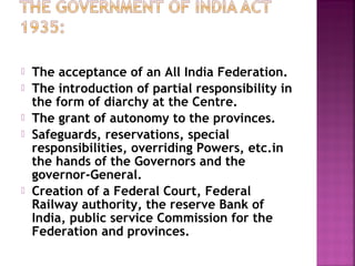  The acceptance of an All India Federation.
 The introduction of partial responsibility in
the form of diarchy at the Centre.
 The grant of autonomy to the provinces.
 Safeguards, reservations, special
responsibilities, overriding Powers, etc.in
the hands of the Governors and the
governor-General.
 Creation of a Federal Court, Federal
Railway authority, the reserve Bank of
India, public service Commission for the
Federation and provinces.
 