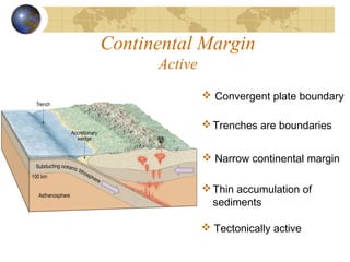 Continental Margin
Active
 Convergent plate boundary
Trenches are boundaries
 Tectonically active
Thin accumulation of
sediments
 Narrow continental margin
 