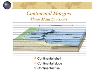 Continental Margins
Three Main Divisions
 Continental shelf
 Continental slope
 Continental rise
 