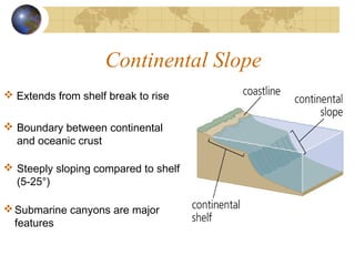 Continental Slope
 Boundary between continental
and oceanic crust
 Steeply sloping compared to shelf
(5-25°)
Submarine canyons are major
features
 Extends from shelf break to rise
 