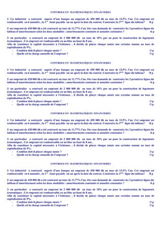 CONTROLE EN MATHEMATIQUES FINANCIERES 
1/ Un industriel a contracté auprès d’une banque un emprunt de 450 000 dh au taux de 13,5% l’an. Cet emprunt est 
remboursable en 6 annuités , la 1ère étant payable un an après la date du contrat. Construire la 3ième ligne du tableau? /8 p 
2/ un emprunt de 420 000 dh a été contracté au taux de 11,77% l’an. On vous demande de construire les 3 premières lignes du 
tableau d’amortissement selon les deux modalités : amortissements constants et annuités constantes ? /6 p 
3/ un particulier a contracté un emprunt de 2 000 000 dh au taux de 10% par an pour la construction de logements 
économiques . Cet emprunt est remboursable en un bloc au bout de 8 ans . 
Afin de constituer le capital nécessaire à l’échéance , il décide de placer chaque année une certaine somme au taux de 
capitalisation de 9%. 
- Combien doit-il placer chaque année ? /3 p 
- Quelle est la charge annuelle de l’emprunt ? /3 p 
CONTROLE EN MATHEMATIQUES FINANCIERES 
1/ Un industriel a contracté auprès d’une banque un emprunt de 450 000 dh au taux de 13,5% l’an. Cet emprunt est 
remboursable en 6 annuités , la 1ère étant payable un an après la date du contrat. Construire la 3ième ligne du tableau? /8 p 
2/ un emprunt de 420 000 dh a été contracté au taux de 11,77% l’an. On vous demande de construire les 3 premières lignes du 
tableau d’amortissement selon les deux modalités : amortissements constants et annuités constantes ? /6 p 
3/ un particulier a contracté un emprunt de 2 000 000 dh au taux de 10% par an pour la construction de logements 
économiques . Cet emprunt est remboursable en un bloc au bout de 8 ans . 
Afin de constituer le capital nécessaire à l’échéance , il décide de placer chaque année une certaine somme au taux de 
capitalisation de 9%. 
- Combien doit-il placer chaque année ? /3 p 
- Quelle est la charge annuelle de l’emprunt ? /3 p 
CONTROLE EN MATHEMATIQUES FINANCIERES 
1/ Un industriel a contracté auprès d’une banque un emprunt de 450 000 dh au taux de 13,5% l’an. Cet emprunt est 
remboursable en 6 annuités , la 1ère étant payable un an après la date du contrat. Construire la 3ième ligne du tableau? /8 p 
2/ un emprunt de 420 000 dh a été contracté au taux de 11,77% l’an. On vous demande de construire les 3 premières lignes du 
tableau d’amortissement selon les deux modalités : amortissements constants et annuités constantes ? /6 p 
3/ un particulier a contracté un emprunt de 2 000 000 dh au taux de 10% par an pour la construction de logements 
économiques . Cet emprunt est remboursable en un bloc au bout de 8 ans . 
Afin de constituer le capital nécessaire à l’échéance , il décide de placer chaque année une certaine somme au taux de 
capitalisation de 9%. 
- Combien doit-il placer chaque année ? /3 p 
- Quelle est la charge annuelle de l’emprunt ? /3 p 
CONTROLE EN MATHEMATIQUES FINANCIERES 
1/ Un industriel a contracté auprès d’une banque un emprunt de 450 000 dh au taux de 13,5% l’an. Cet emprunt est 
remboursable en 6 annuités , la 1ère étant payable un an après la date du contrat. Construire la 3ième ligne du tableau? /8 p 
2/ un emprunt de 420 000 dh a été contracté au taux de 11,77% l’an. On vous demande de construire les 3 premières lignes du 
tableau d’amortissement selon les deux modalités : amortissements constants et annuités constantes ? /6 p 
3/ un particulier a contracté un emprunt de 2 000 000 dh au taux de 10% par an pour la construction de logements 
économiques . Cet emprunt est remboursable en un bloc au bout de 8 ans . 
Afin de constituer le capital nécessaire à l’échéance , il décide de placer chaque année une certaine somme au taux de 
capitalisation de 9%. 
- Combien doit-il placer chaque année ? /3 p 
- Quelle est la charge annuelle de l’emprunt ? /3 p 
